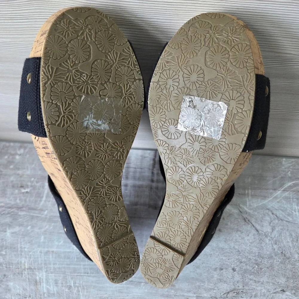 Esprit Womens 7 Black Canvas Studded Cork Wedge Platform Sandals Y2K Boho Slides